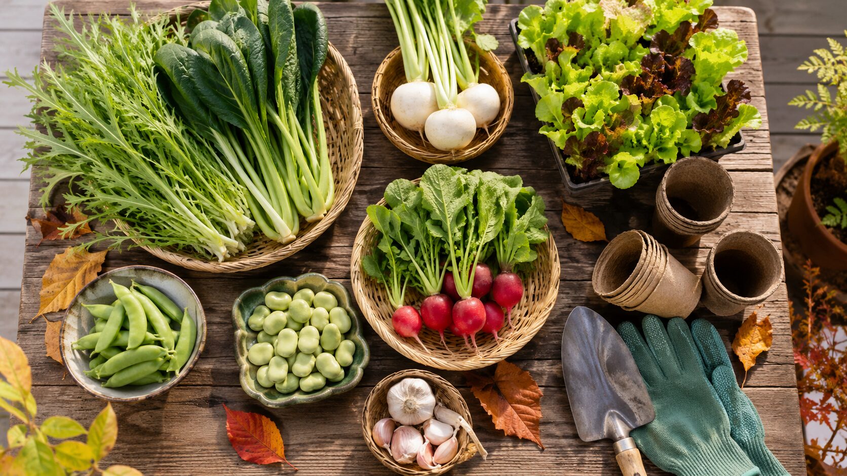 10月に植える野菜の葉物・根菜・ニンニク・豆類と家庭菜園の道具