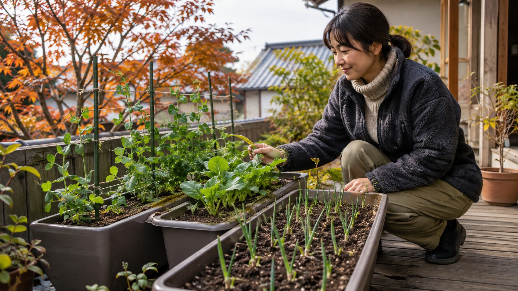 ニンニクやエンドウ類をプランターで育てる秋から春の越冬家庭菜園