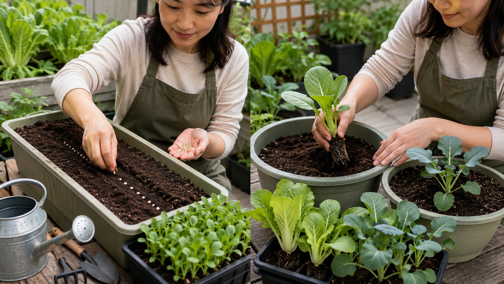 9月の野菜をプランターへ種まきしハクサイやブロッコリーの苗を植え付ける様子